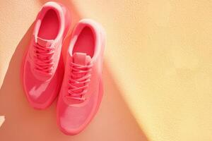 Bright pink running shoes on textured surface illuminated by soft sunlight photo