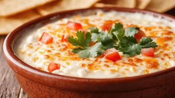 Creamy queso dip with cheesy toppings and fresh cilantro garnish in a rustic bowl on wooden table photo