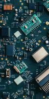 Close up of a circuit board with microchips and electronic components in a technological setup photo