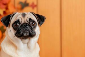 Adorable pug with curious expression against wooden background and autumn leaves photo