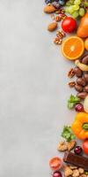 Fresh and nutritious variety of fruits, nuts, and vegetables arranged on a light background for healthy eating concept photo