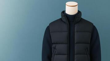 Minimalist mannequin displaying a stylish black puffer vest over a dark sweater against a blue backdrop photo