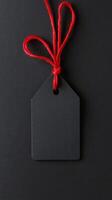 Black gift tag with red string on dark background for minimalist holiday or event decor photo