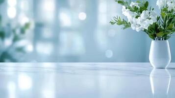Elegant white flowers in a vase on a glossy marble surface against a soft bokeh background photo