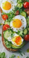 Delicious breakfast with poached eggs on avocado toast, garnished with tomatoes, cucumber, and microgreens photo