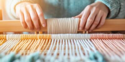 Hands weaving colorful threads on a loom in a sunlit room showcasing textile craftsmanship and artistic expression photo