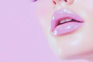 Close up of glossy pink lips against a pastel background showcasing vibrant and shimmering beauty expressive of modern cosmetic trends photo
