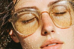 Close up of a woman with wet skin and sunglasses reflecting bright sunlight photo