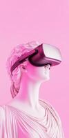Classical bust with vr headset against pink background symbolizing the blend of tradition and technology photo