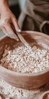 Hands sculpting clay pottery with precision using carving tool in artisan workshop photo