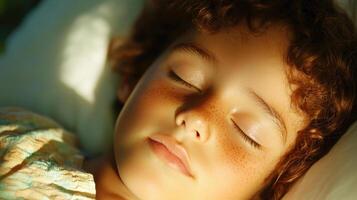 Peaceful child sleeping with sunlight casting warm glow on face in serene environment photo
