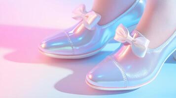 Shiny iridescent elegant shoes with bow details in soft pink and blue lighting for a stylish and sophisticated look photo
