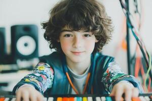 Young boy playing electronic keyboard in music studio with speakers and colorful cables, expressing creativity and passion for music photo