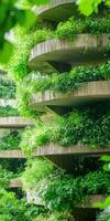 Lush greenery on curved architectural structures emphasizing urban environmental harmony and sustainable design photo