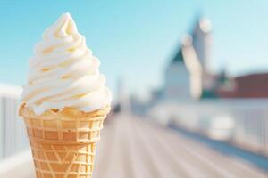 Creamy vanilla soft serve ice cream cone on sunny day with blurred urban background photo