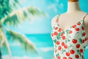 Cherry printed summer dress on mannequin in a tropical beach setting with palm silhouette and turquoise ocean backdrop photo