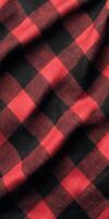 Close up of red and black plaid fabric with soft folds creating a textured pattern photo