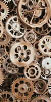 Intricate gears and cogwheels of vintage machinery in steampunk style mechanical backdrop intricate design photo