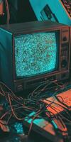 Retro tv set with static displayed in vintage interior decor with tangled cables and electronic gadgets in dim lighting photo