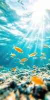 Underwater world with bright orange fish illuminated by sunlight photo