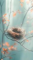 Sunlit bird's nest amongst delicate autumn leaves and branches photo