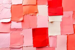 Abstract textured collage of pink and red torn paper layers for creative background design photo