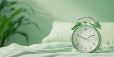 Green alarm clock on bed with plant background in soft morning light photo