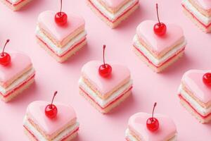 Heart shaped layered cakes with glossy pink icing and cherries on a pastel background in a repeating pattern photo