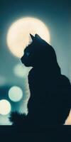 Silhouette of a black cat against a full moon with glowing night bokeh in the background photo