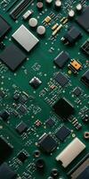 Close up view of a green circuit board showcasing intricate electronic components and pathways in a technology focused setting photo