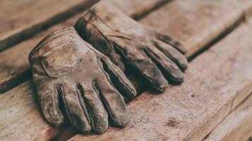 Worn leather work gloves resting on rugged wooden planks in a rustic setting photo