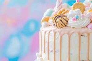 Pastel themed cake with whipped cream, cookies, and marshmallows on a colorful background photo