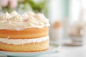 Delicious vanilla layer cake with creamy frosting and colorful sprinkles on a decorative plate in a bright kitchen setting photo