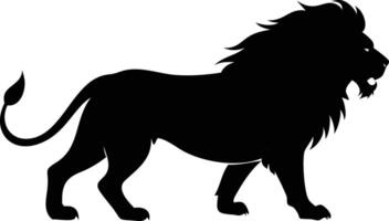 Walking Lion Silhouette with Mane, Tail, Mouth Open on White Background vector