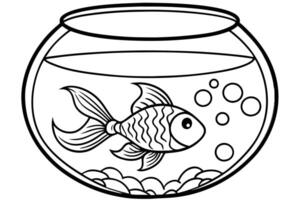 Black Outline Goldfish in a Bowl with Stones and Bubbles on a White Background vector