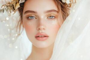 Elegant woman with shimmering makeup and floral headpiece surrounded by ethereal glow and soft bokeh effect photo