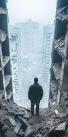 Man in dark jacket overlooking urban ruins post apocalyptic scene with abandoned buildings and debris photo