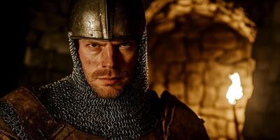 Medieval knight in chainmail and helmet stands resolute in a dimly lit stone fortress with torch lit walls photo