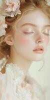 Elegant woman with floral adornments and soft makeup in a dreamlike portrait photo