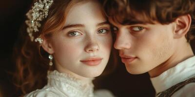 Romantic close up of young couple in vintage attire with elegant accessories and intense gazes photo