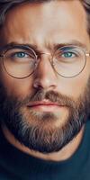 Close up portrait of a young Caucasian man with a beard and glasses, intense gaze, confident expression photo
