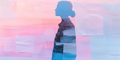 Abstract silhouette of young caucasian woman with serene pastel collage background concept of tranquility photo
