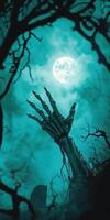 Eerie skeleton hand rising beneath full moon, creepy atmosphere, Halloween theme illustration photo