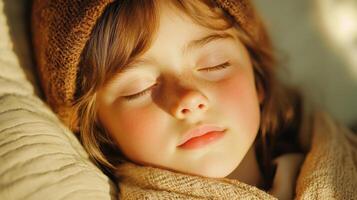 Peaceful child sleeping in a warm blanket, glowing in soft natural light, with serene expression and delicate features in cozy environment photo