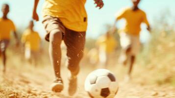 Children playing soccer on a sunny day, running joyfully on a sandy field with a black and white ball photo