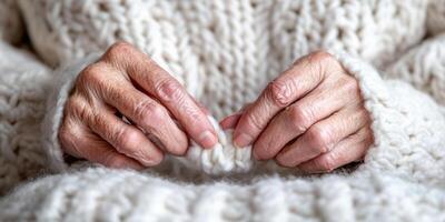 Close up of elderly hands knitting a cozy white wool sweater with care and precision photo