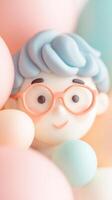 Cute figurine with glasses amidst pastel bubbles and soft colors, displaying playful charm photo