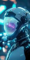 Futuristic cyborg helmet with sleek design and neon lights in a high tech environment photo
