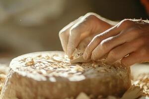 artisan hand carving wood in workshop with sunlit detail and craftsmanship displayed photo