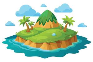 Cartoon Tropical Island with Palm Trees Mountain and Clouds Isolated vector